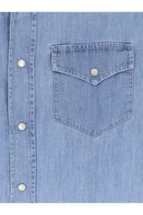 Brunello Cucinelli men’s light blue denim shirt with chest pocket and white buttons in soft beige denim fabric