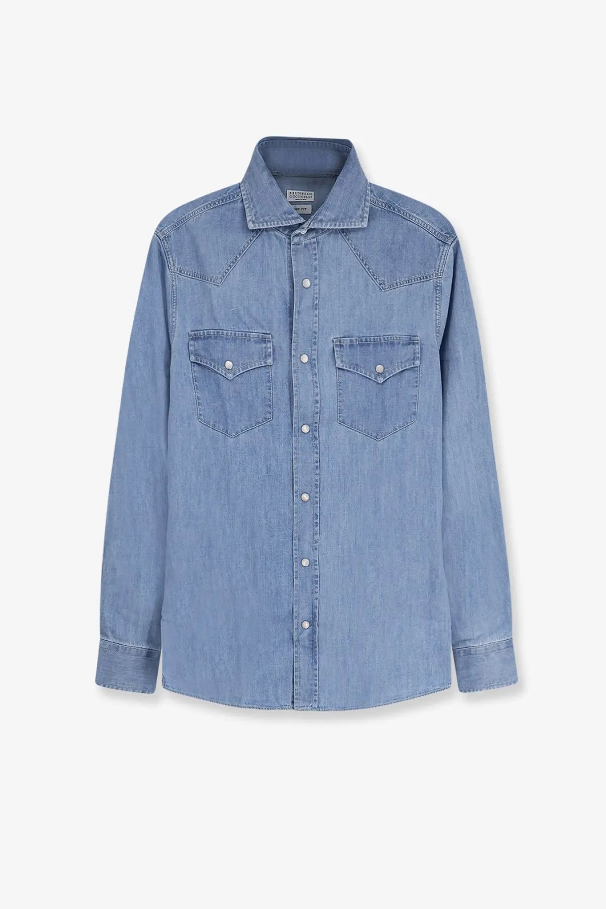 Brunello Cucinelli men’s light blue denim shirt with classic collar button-down front and two chest pockets with silver buttons