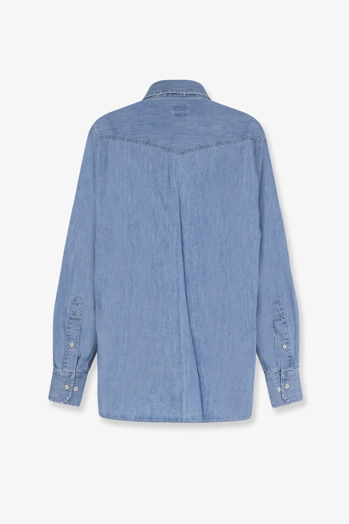 Brunello Cucinelli men’s beige denim shirt with classic collar and buttoned cuffs in light blue denim fabric