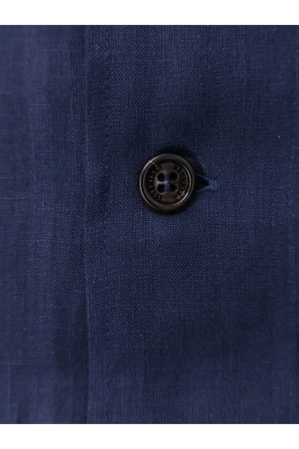 Brunello Cucinelli men’s easy fit linen shirt in dark blue with black four-hole button details
