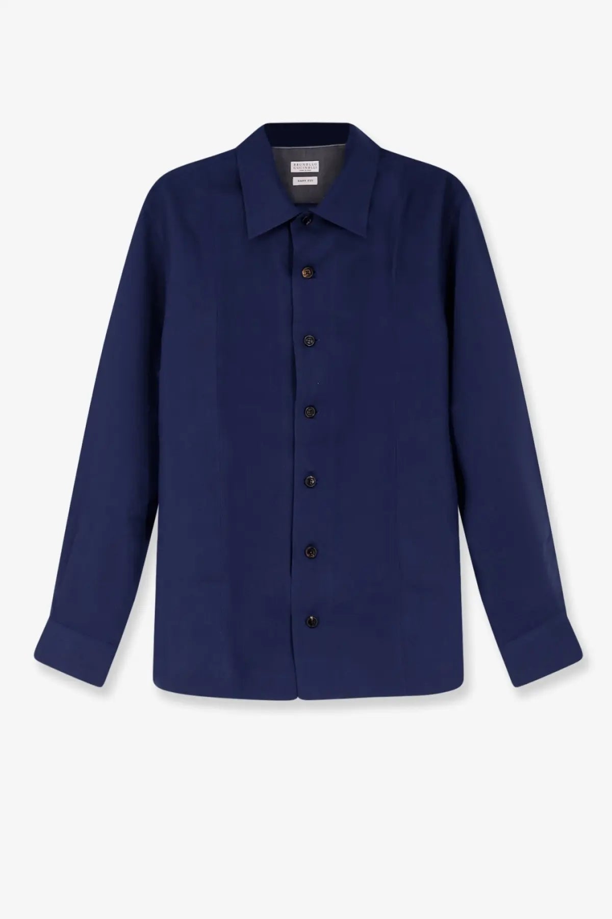Brunello Cucinelli men’s easy fit navy blue long-sleeved linen shirt with black buttons and classic collar