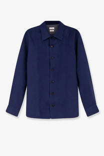 Brunello Cucinelli men’s easy fit navy blue long-sleeved linen shirt with black buttons and classic collar
