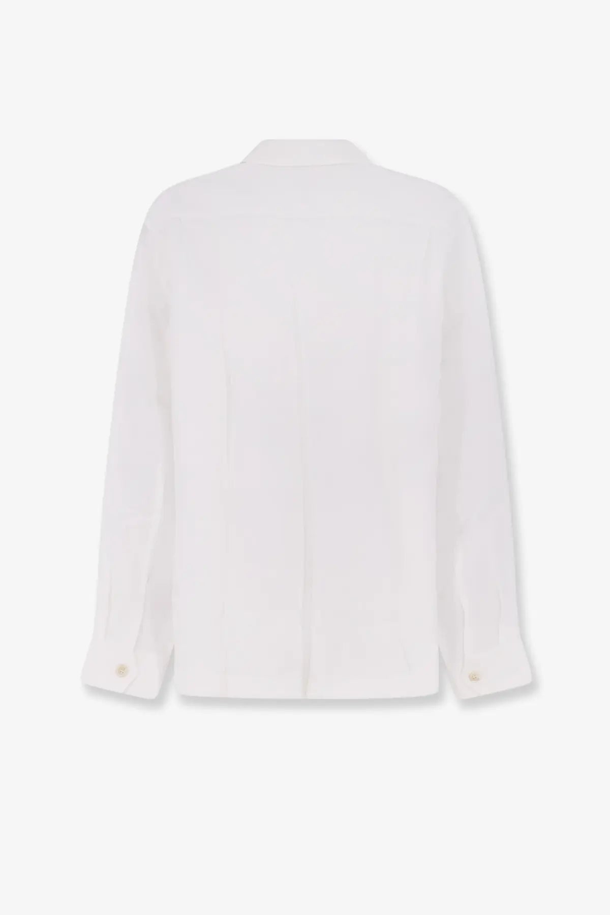 Brunello Cucinelli men’s easy fit white linen shirt with classic collar and back pleats shown from the back side
