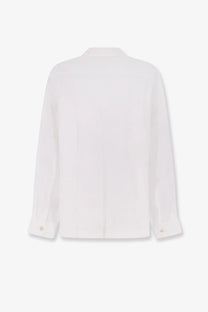Brunello Cucinelli men’s easy fit white linen shirt with classic collar and back pleats shown from the back side