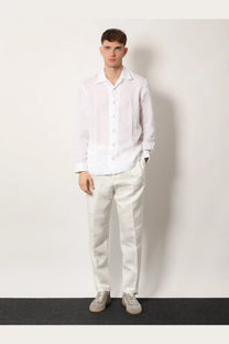 Brunello Cucinelli men’s easy fit white linen shirt with long sleeves classic collar and subtle texture