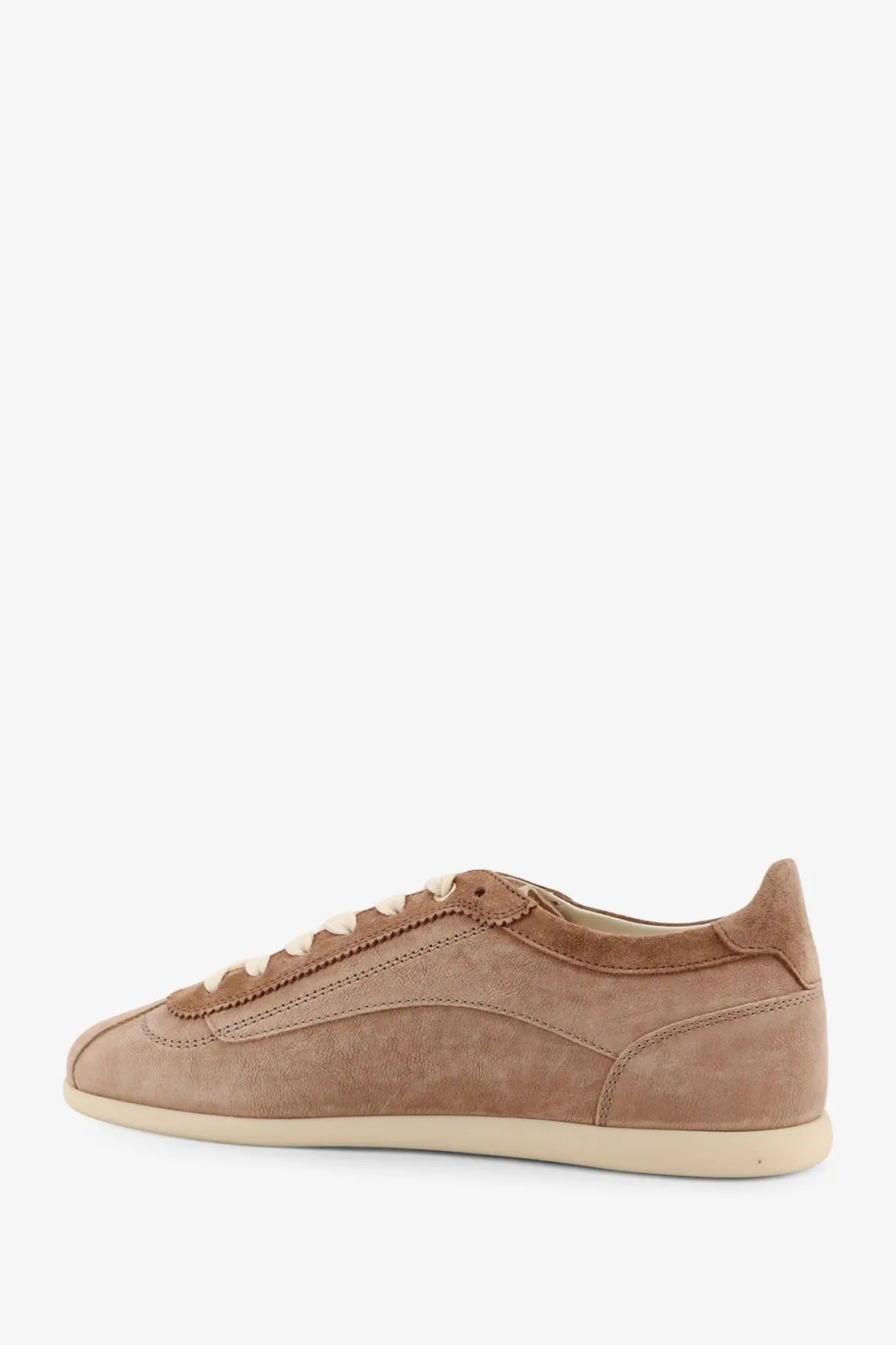 Brunello Cucinelli men’s leather sneakers beige tan suede low-top with cream laces and matching rubber sole