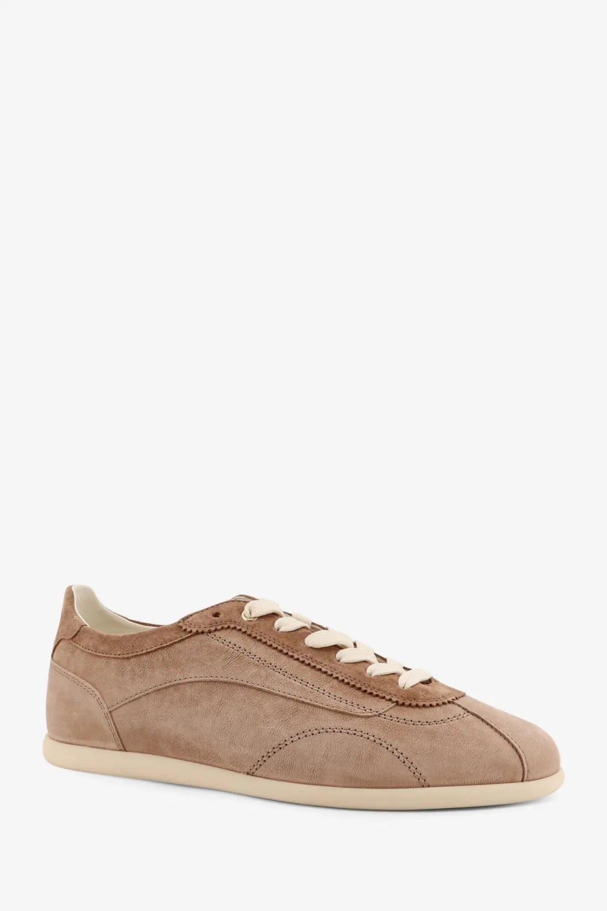 Brunello Cucinelli men’s leather sneakers in beige tan suede with cream laces and matching rubber sole
