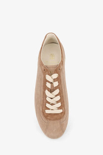 Brunello Cucinelli men’s leather sneakers in beige with tan suede and cream-colored laces for casual wear