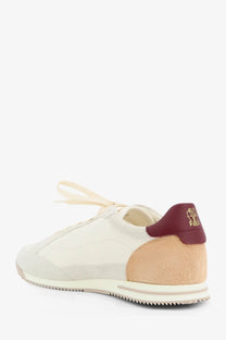 Brunello Cucinelli men’s leather sneakers white in cream and burgundy suede with minimalist design and gold logo on the heel back