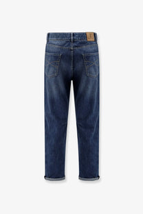 Brunello cucinelli men’s leisure fit cotton jeans in dark blue denim with classic straight-leg cut and rolled cuffs