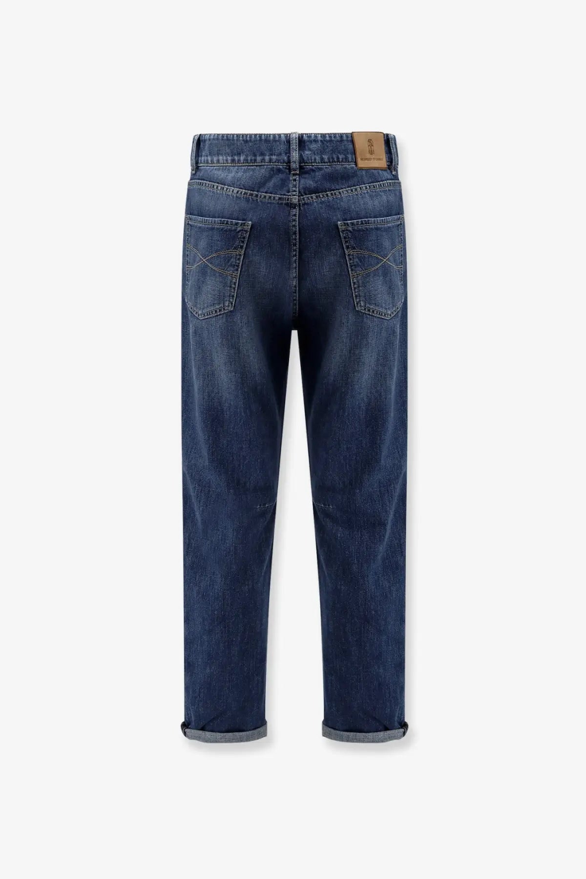 Dark blue Brunello Cucinelli men’s leisure fit straight-leg cotton jeans with rolled cuffs