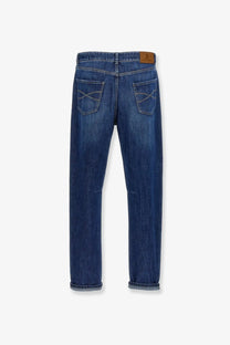 Brunello Cucinelli men’s leisure fit blue cotton jeans with classic straight-leg cut and subtle thigh fading