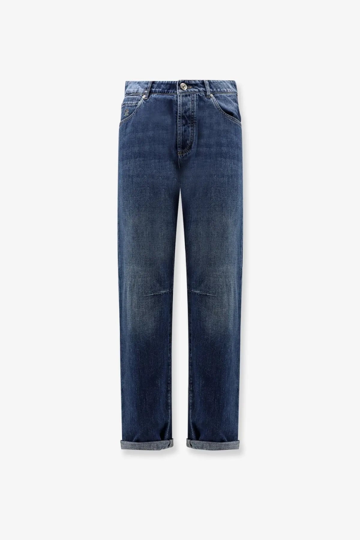 Brunello Cucinelli men’s dark-wash cotton jeans with straight-leg cut and rolled cuffs in blue leisure fit