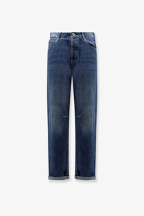 Brunello Cucinelli men’s dark-wash cotton jeans with straight-leg cut and rolled cuffs in blue leisure fit