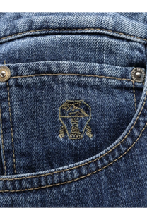 Blue denim cotton jeans pocket with gold-threaded brunello cucinelli logo and silver button fastenings back side view