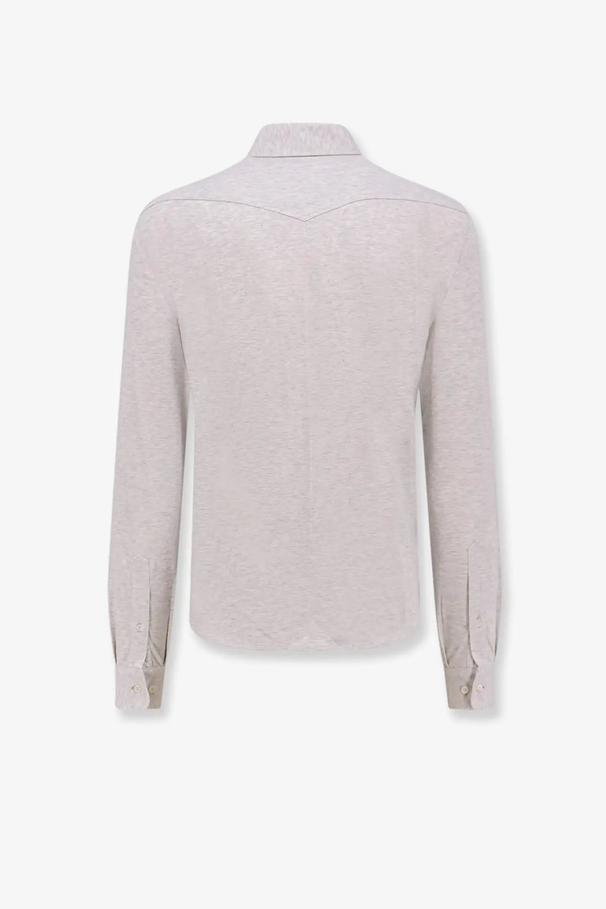 Brunello Cucinelli men’s leisure fit long-sleeved cotton shirt in light gray with classic collar and subtle texture