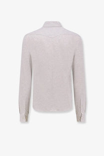Brunello Cucinelli men’s leisure fit long-sleeved cotton shirt in light gray with classic collar and subtle texture