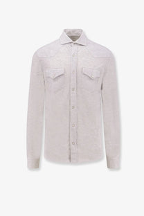Brunello Cucinelli men’s leisure fit cotton shirt in light gray with textured fabric silver buttons and two chest pockets