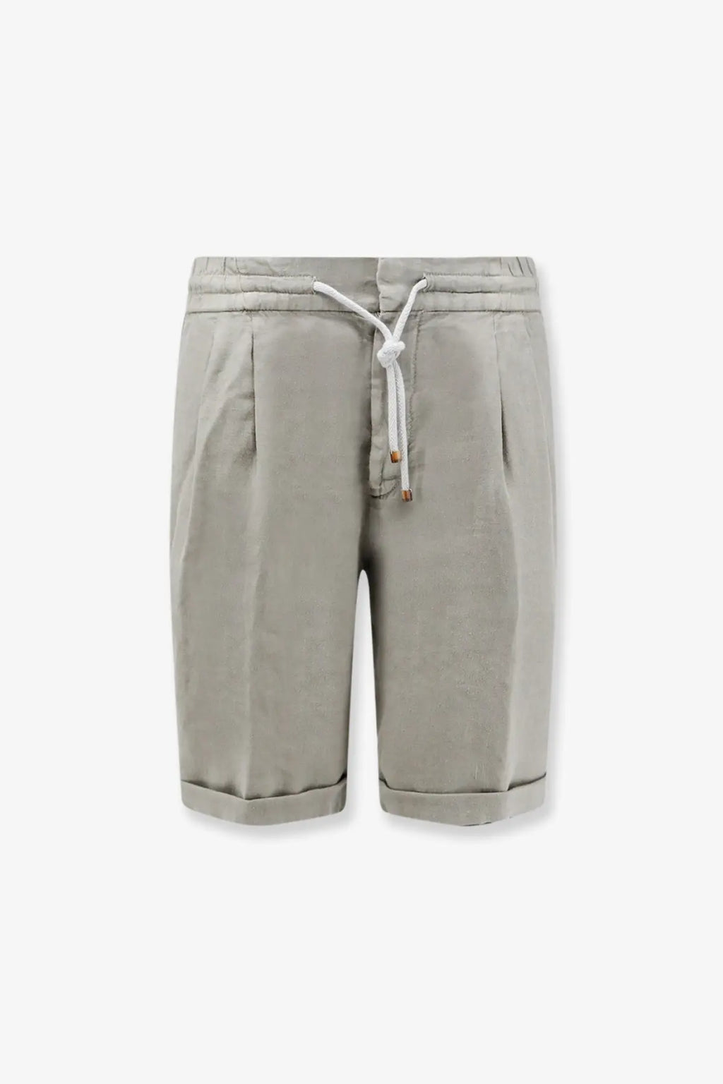 Brunello Cucinelli men’s light gray linen Bermuda shorts with pleats drawstring waist and rolled cuffs