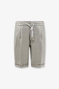 Brunello Cucinelli men’s light gray linen Bermuda shorts with pleats drawstring waist and rolled cuffs