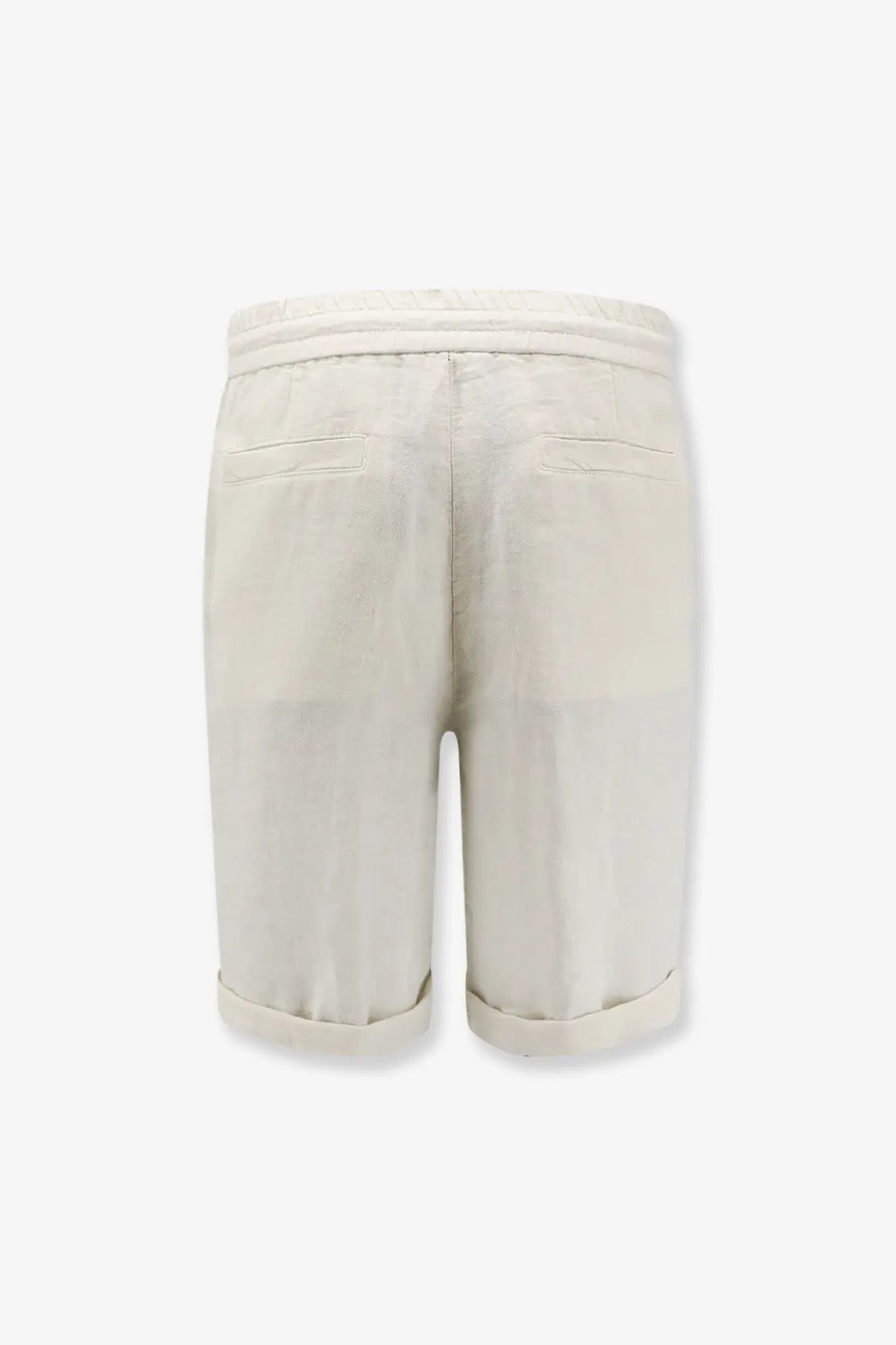 Brunello Cucinelli men’s cream linen bermuda shorts with relaxed fit and rolled cuffs in a casual style