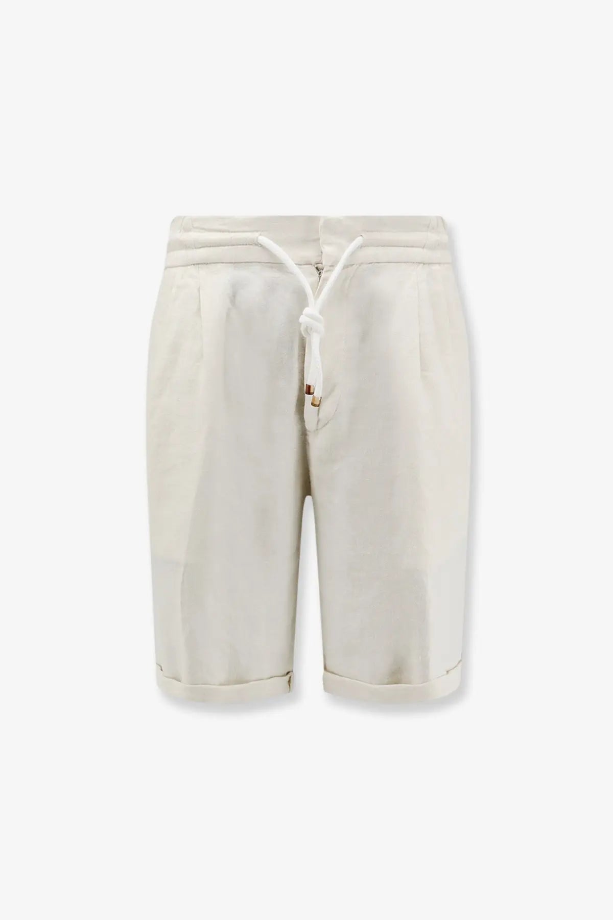 Cream-colored tailored linen bermuda shorts with drawstring waist and rolled cuffs by brunello cucinelli men’s white