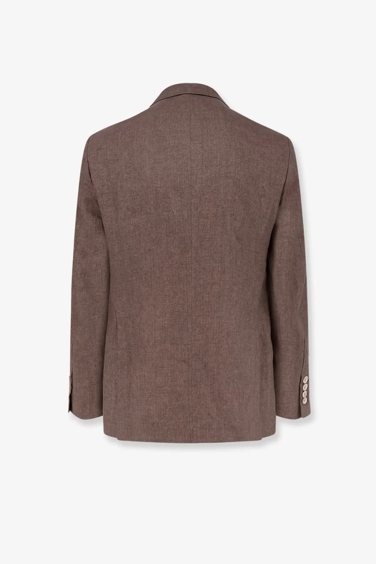 Brunello Cucinelli men’s beige linen blazer with subtle textured weave and tailored three-button cuffs