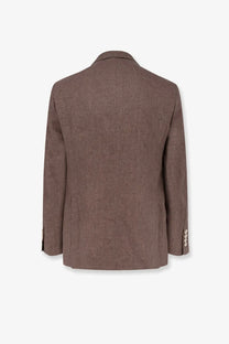 Brunello Cucinelli men’s beige linen blazer with subtle textured weave and tailored three-button cuffs