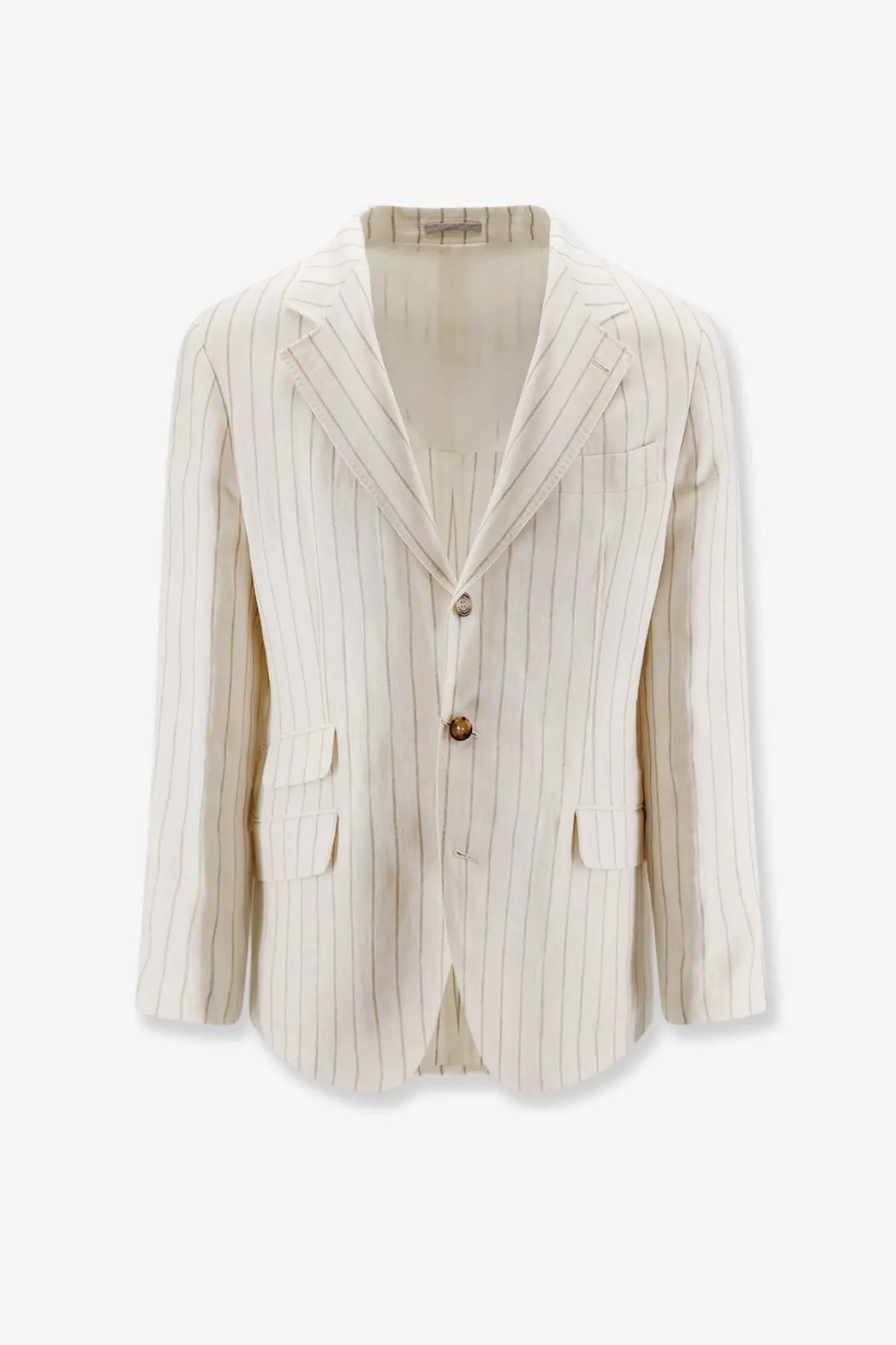 Brunello Cucinelli men’s cream linen blazer with fine vertical stripes and classic double-breasted button closure
