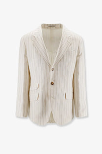 Brunello Cucinelli men’s cream linen blazer with fine vertical stripes and classic double-breasted button closure