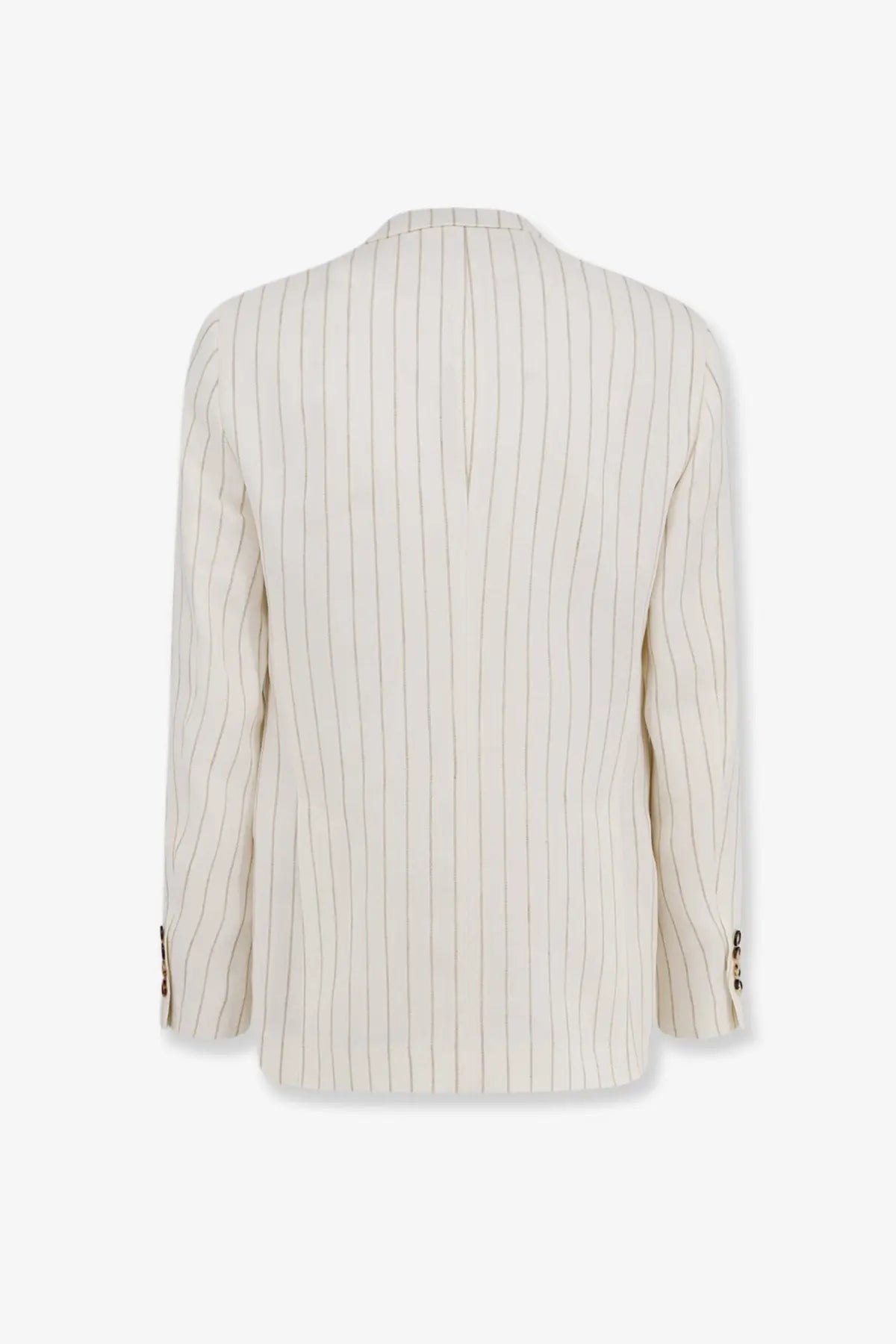 Cream-colored brunello cucinelli men’s linen blazer with fine vertical pinstripes and gold-toned cuff buttons