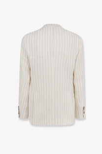 Cream-colored brunello cucinelli men’s linen blazer with fine vertical pinstripes and gold-toned cuff buttons