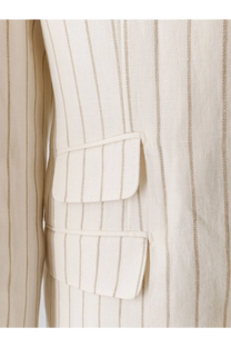 Brunello cucinelli men’s cream-colored linen blazer with subtle metallic pinstripes and structured flap pockets