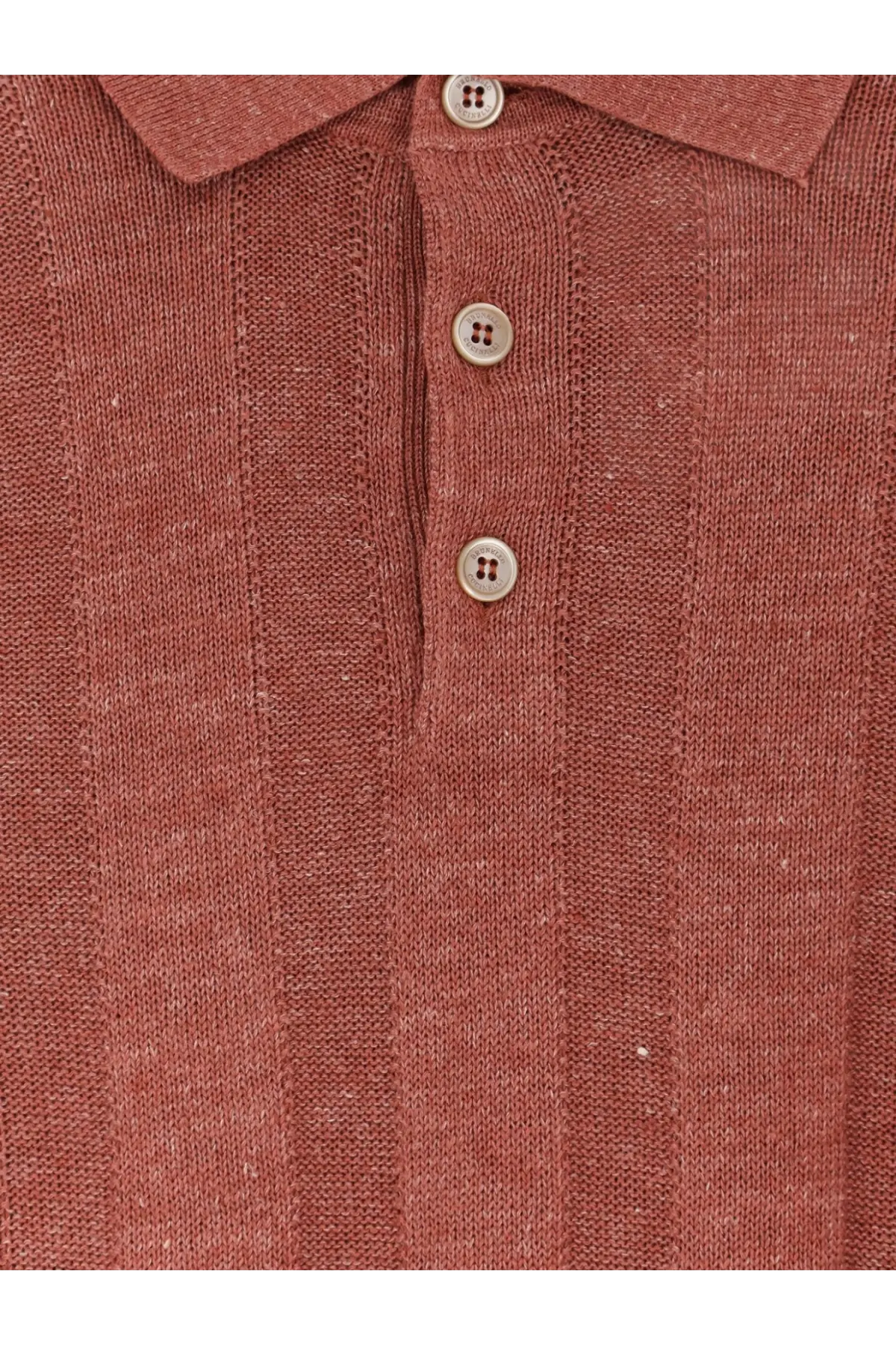 Brunello Cucinelli men’s rust-colored linen and cotton blend polo shirt with textured weave and three buttons