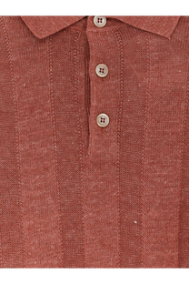 Brunello Cucinelli men’s rust-colored linen and cotton blend polo shirt with textured weave and three buttons