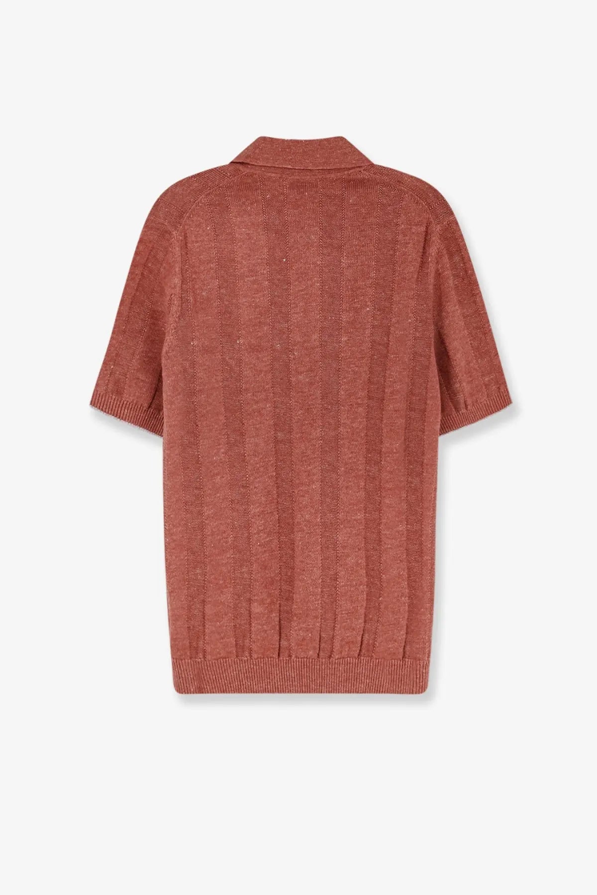 Brunello Cucinelli men’s rust-colored short-sleeved linen and cotton blend knit polo shirt with ribbed texture and collar