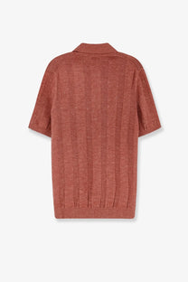 Brunello Cucinelli men’s rust-colored short-sleeved linen and cotton blend knit polo shirt with ribbed texture and collar