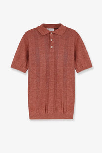 Brunello Cucinelli men’s linen and cotton blend rust-colored textured knit polo shirt with classic collar and buttons