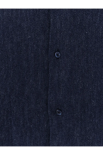 Dark blue woolen coat with subtle texture and matching dark buttons paired with brunello cucinelli linen and cotton blend white shirt