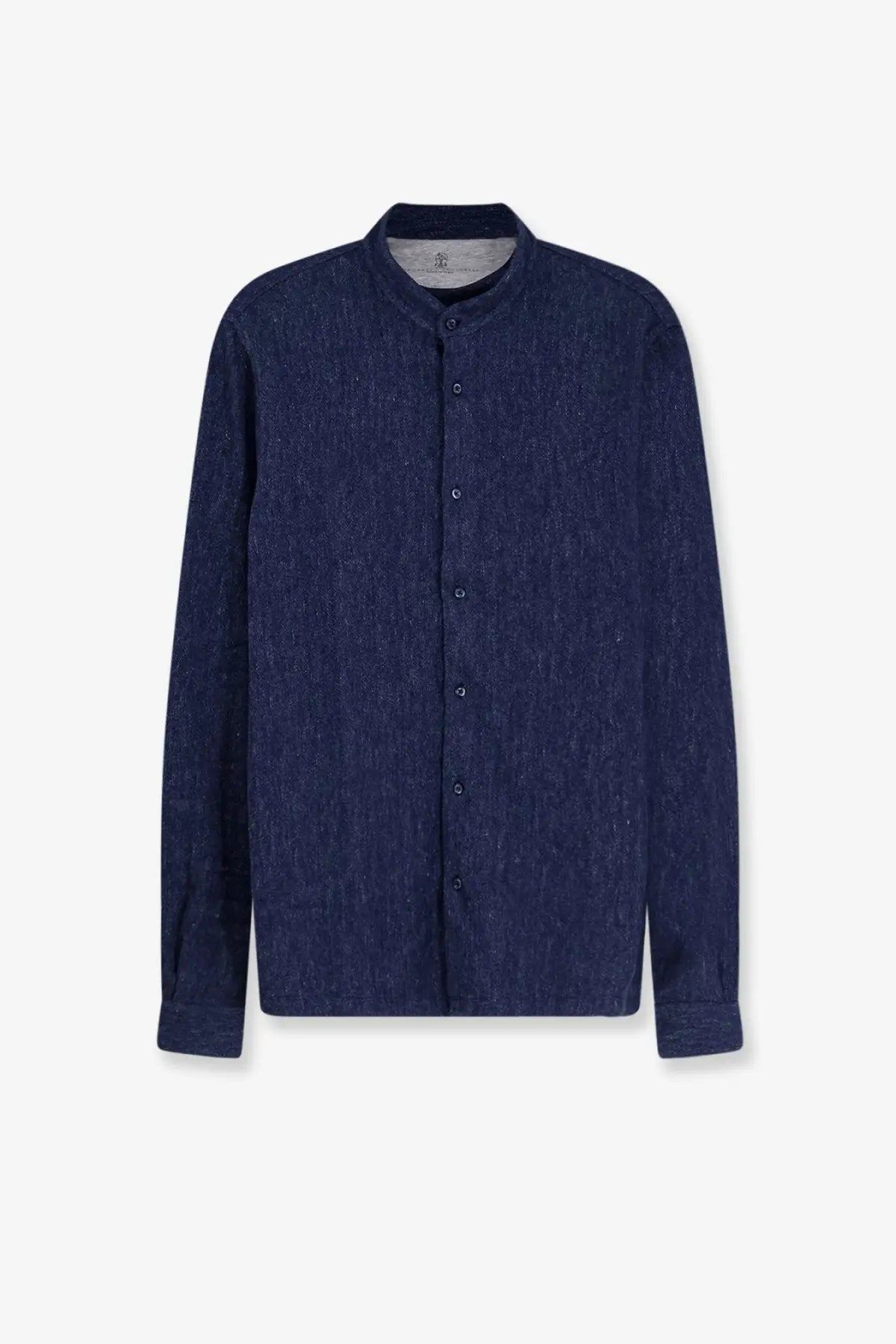Dark blue textured cotton button-up shirt with stand collar and matching buttons by brunello cucinelli