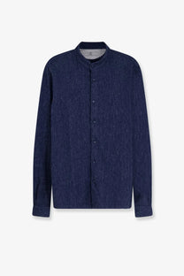 Dark blue textured cotton button-up shirt with stand collar and matching buttons by brunello cucinelli