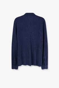 Brunello Cucinelli men’s navy blue linen and cotton blend long-sleeved shirt with textured pattern and buttoned cuffs