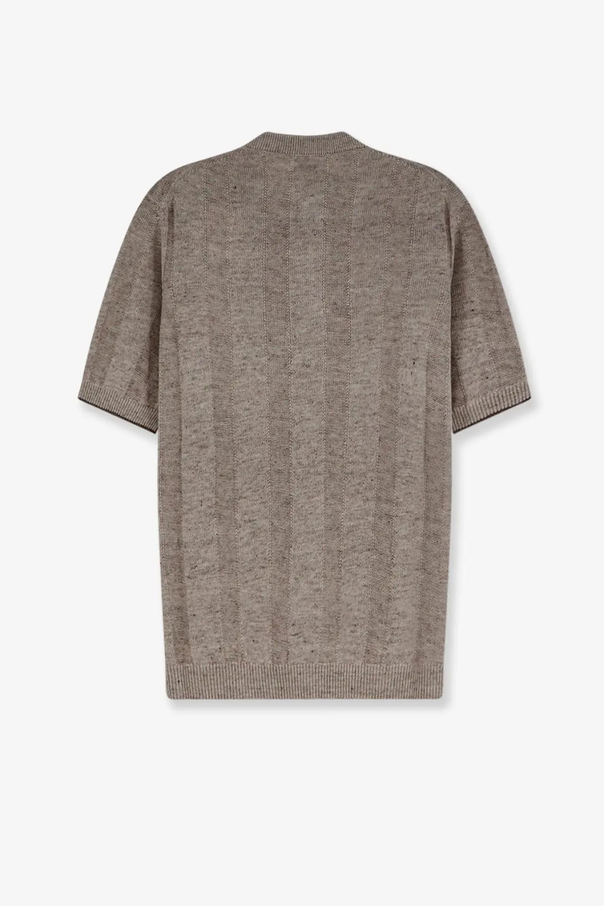 Brunello Cucinelli men’s beige linen and cotton blend short-sleeved knit cardigan with ribbed cuffs and hem