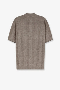 Brunello Cucinelli men’s beige linen and cotton blend short-sleeved knit cardigan with ribbed cuffs and hem
