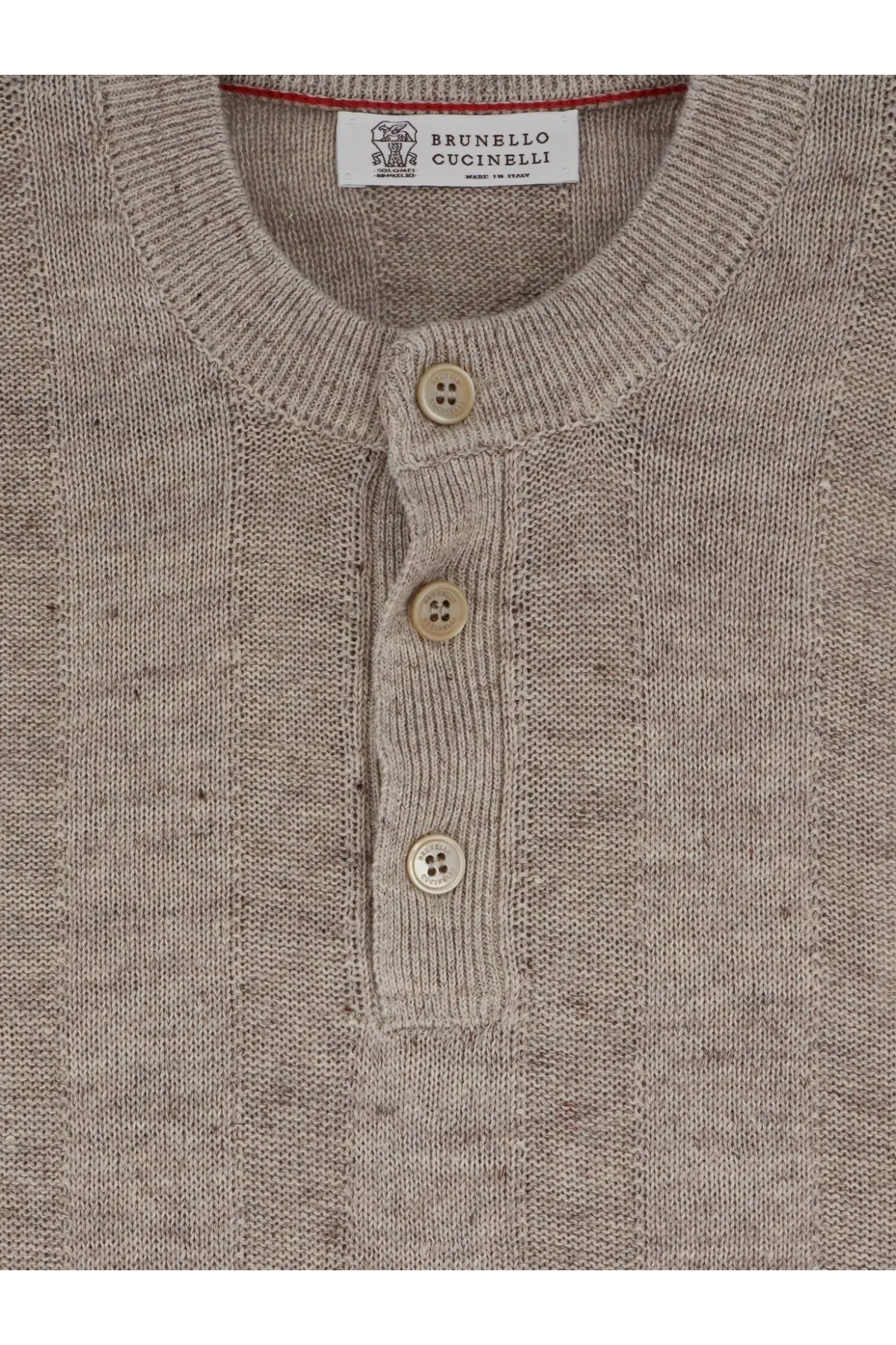 Brunello Cucinelli men’s beige linen and cotton blend henley sweater with textured knit and three wooden buttons