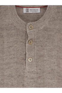 Brunello Cucinelli men’s beige linen and cotton blend henley sweater with textured knit and three wooden buttons