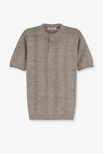 Beige textured knit short-sleeved henley shirt with buttoned placket and ribbed cuffs from brunello cucinelli linen cotton blend collection