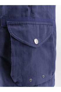 Deep navy blue cargo pocket with silver button and three metal grommets on brunello cucinelli men’s linen cotton shorts
