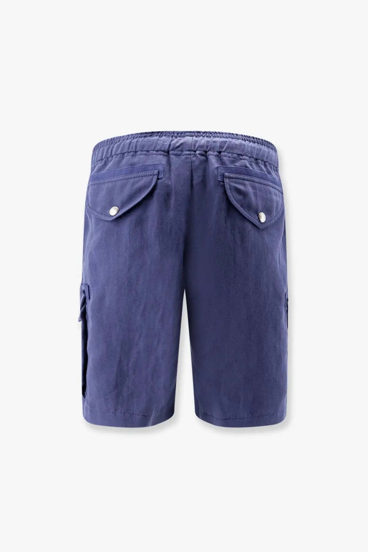 Brunello cucinelli men’s navy blue linen and cotton cargo shorts with elastic waistband and buttoned back pockets back view