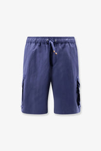 Brunello Cucinelli men’s navy blue linen and cotton cargo shorts with elastic waistband and drawstring tie